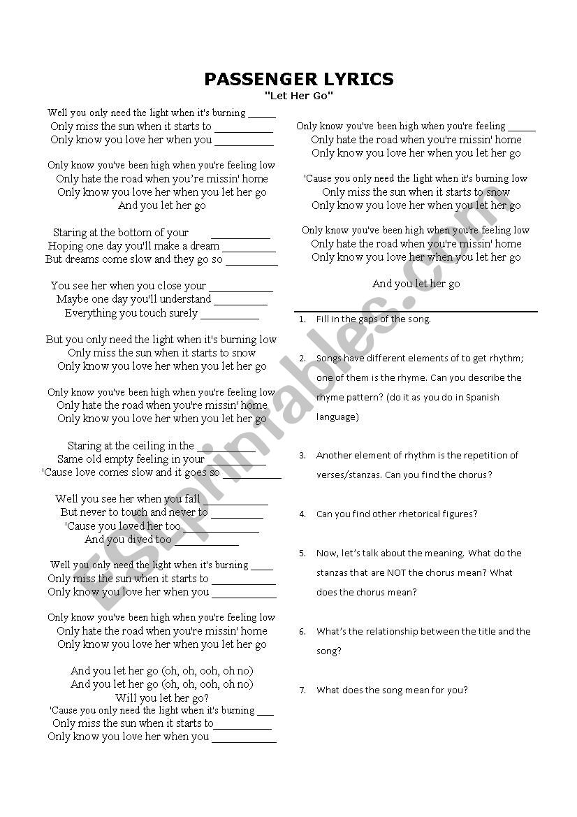 Passenger- Let Her Go worksheet