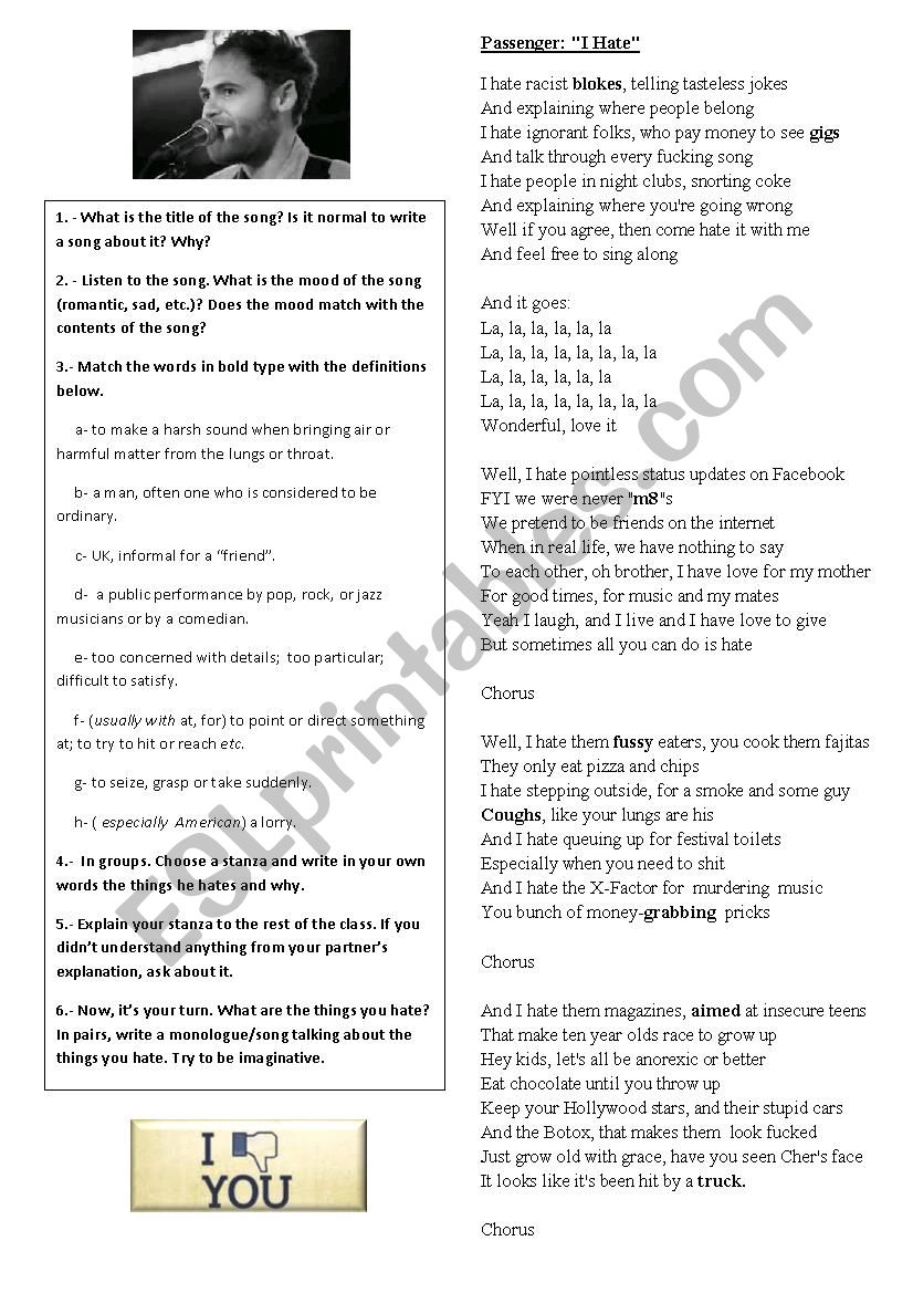 Passenger- I Hate worksheet