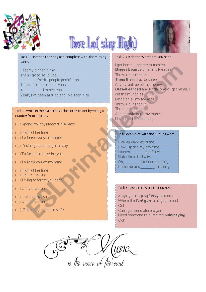 tove Lo ( Stay High) worksheet