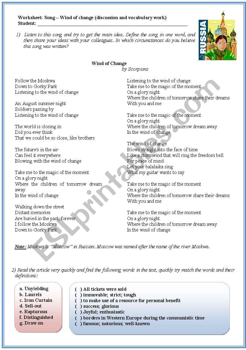 Song activity - Wind of Change by Scorpions (discussion and reading comprehension)