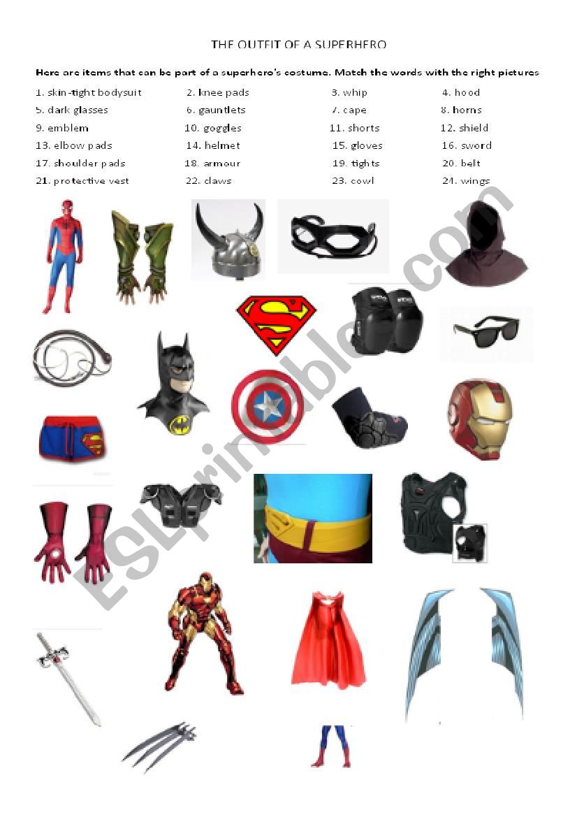 The outfit of superheroes - ESL worksheet by poupina86