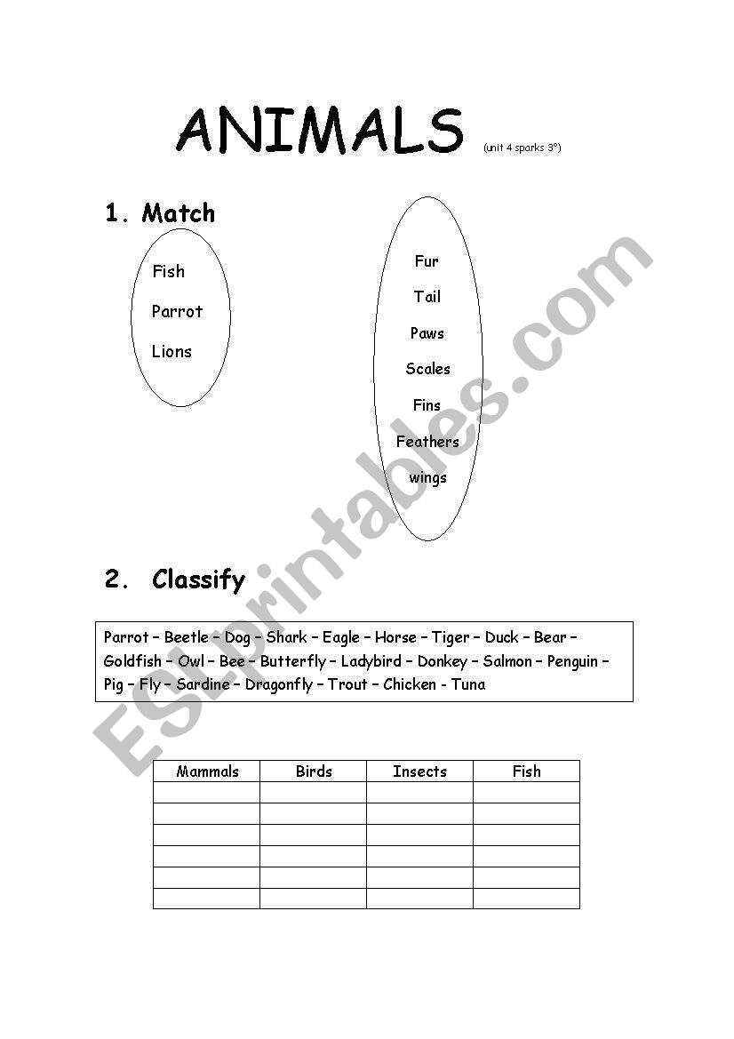 animals worksheet