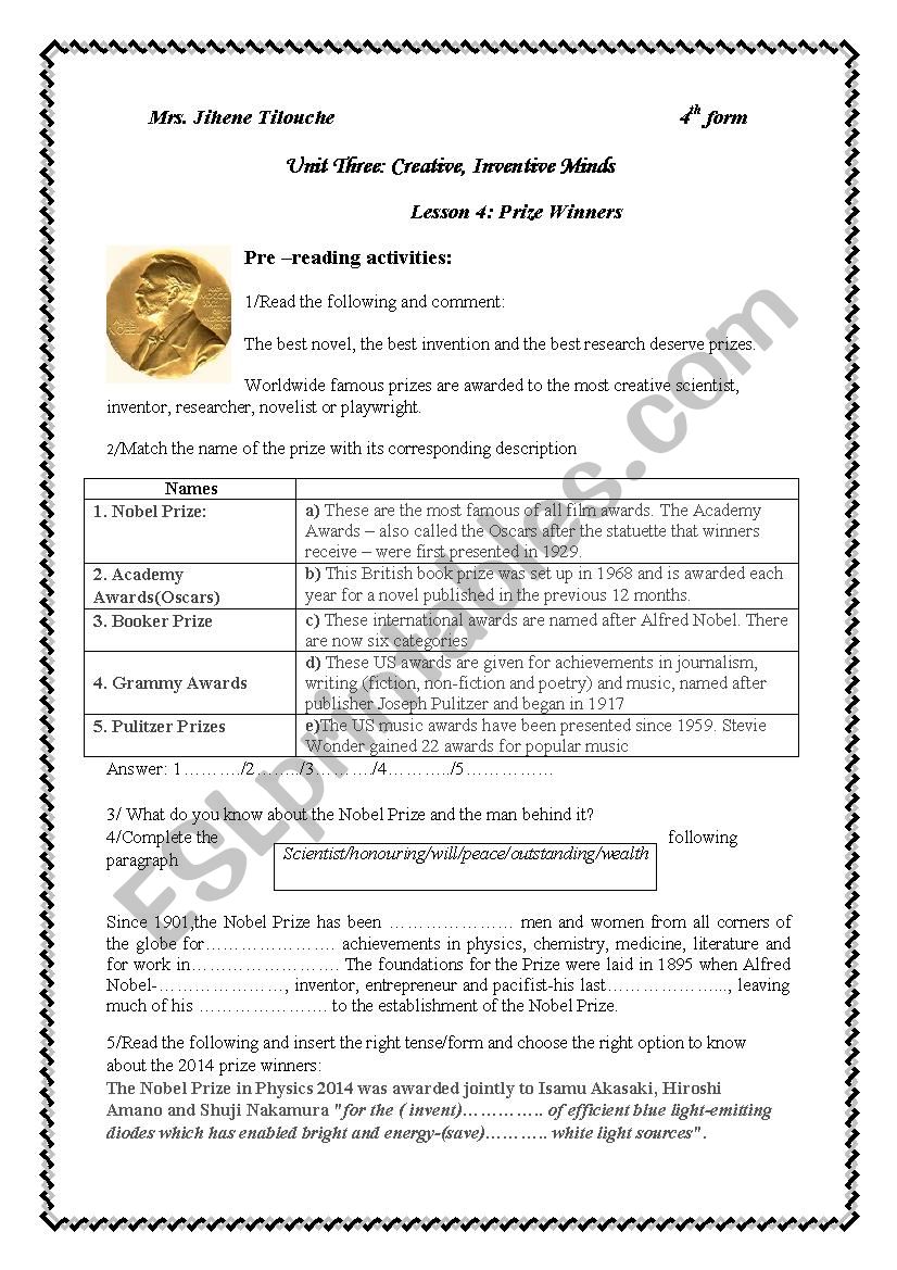 Unit 3/lesson 4:prize winners ( part 1)