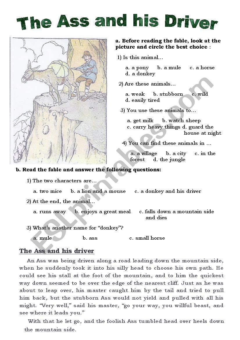 Aesop, The Ass and his driver worksheet