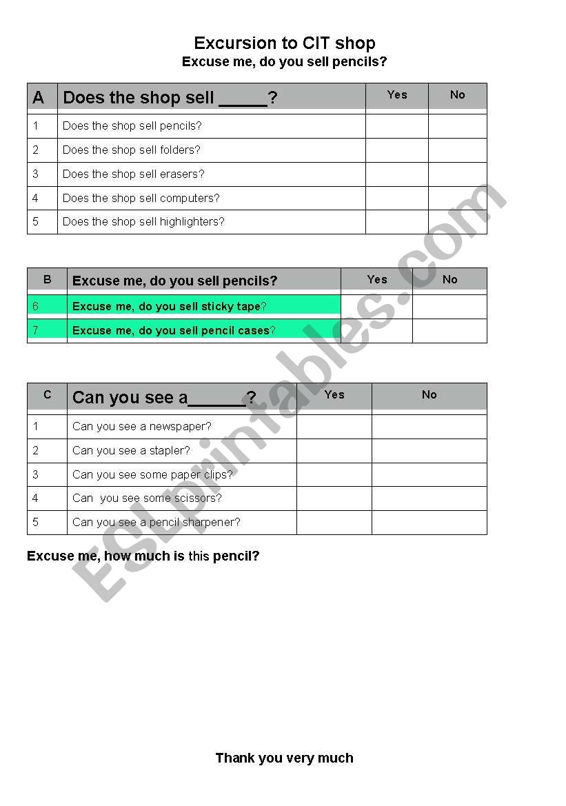 shop for stationery worksheet