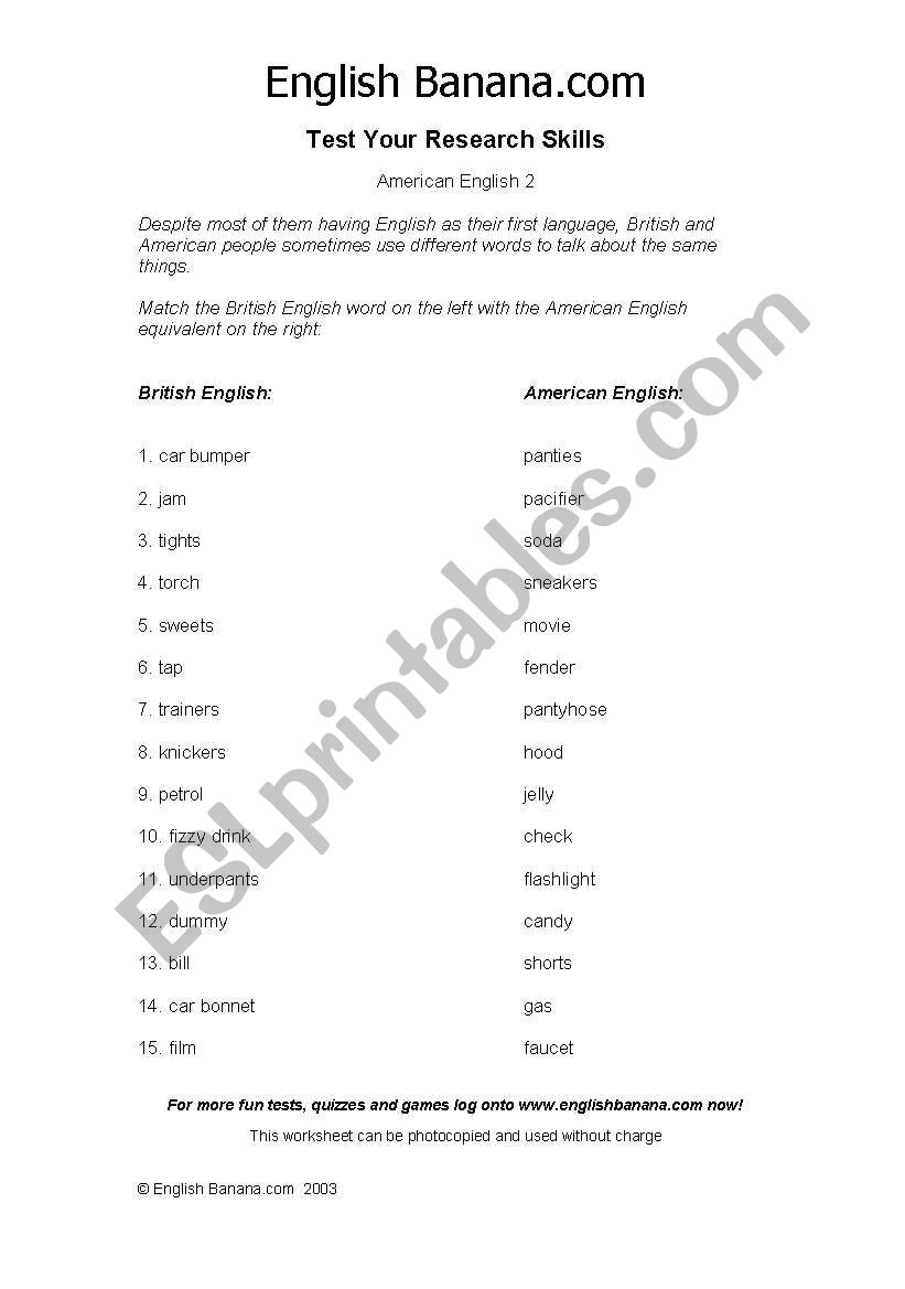 British and American English worksheet