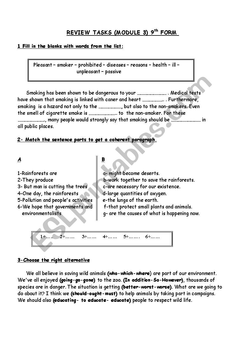 Review tasks for module 3 9th form Health and Environment