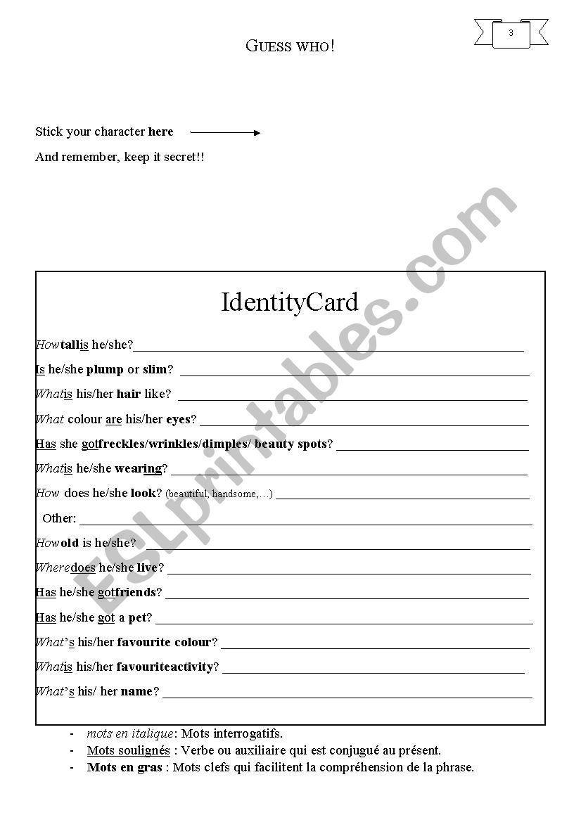 Guess Who card worksheet