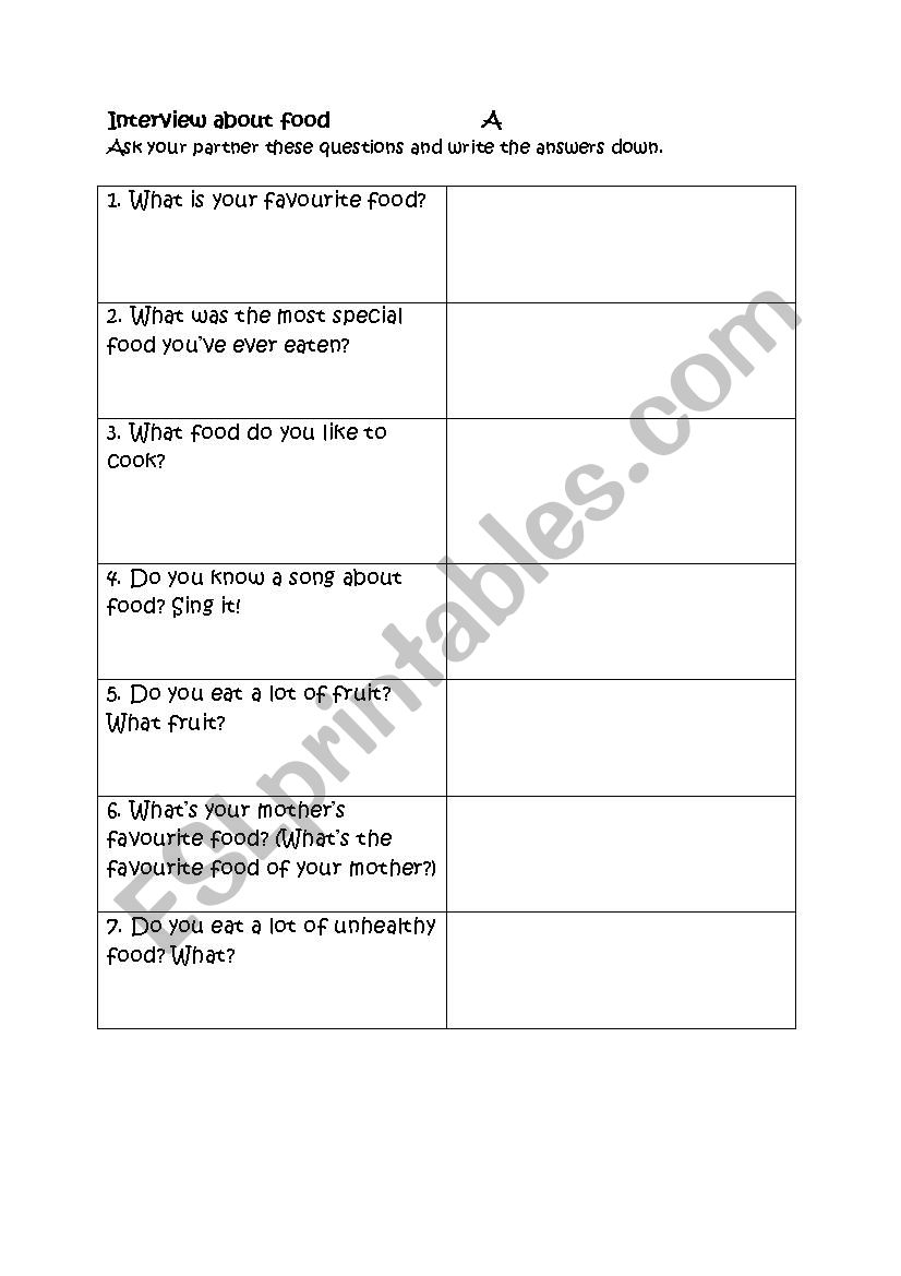 Interview about food worksheet