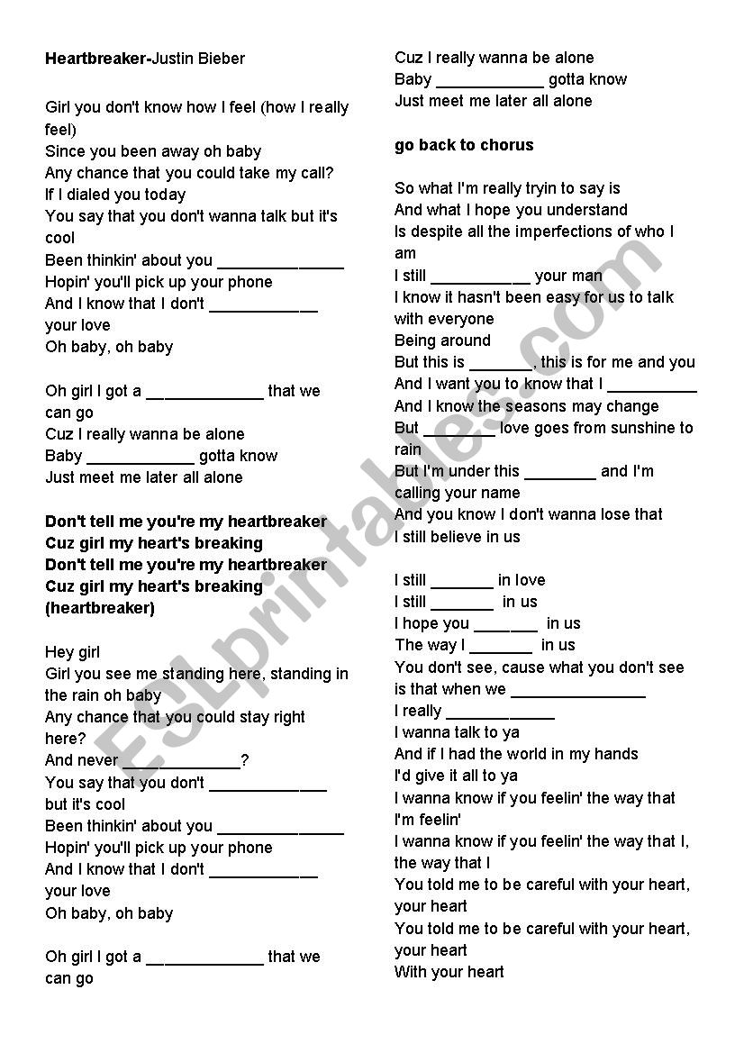 Heartbreaker justin bieber worksheet