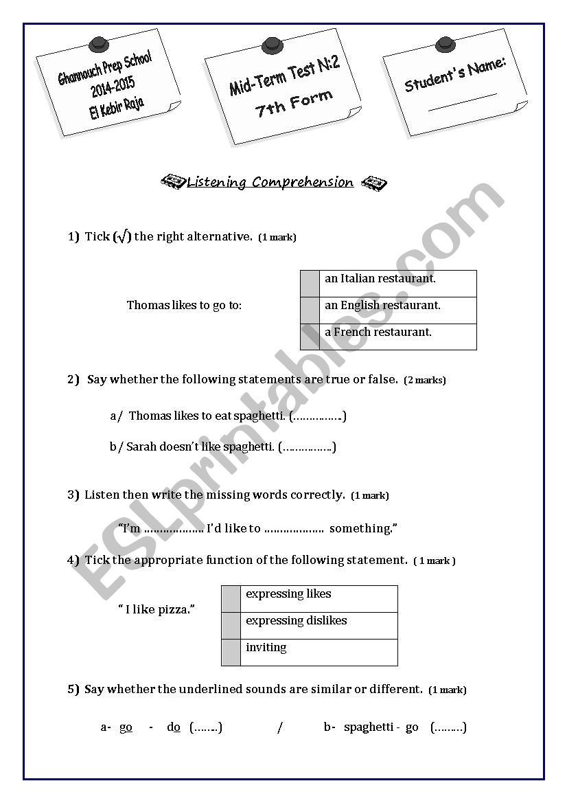 7th Form Test n 2 worksheet