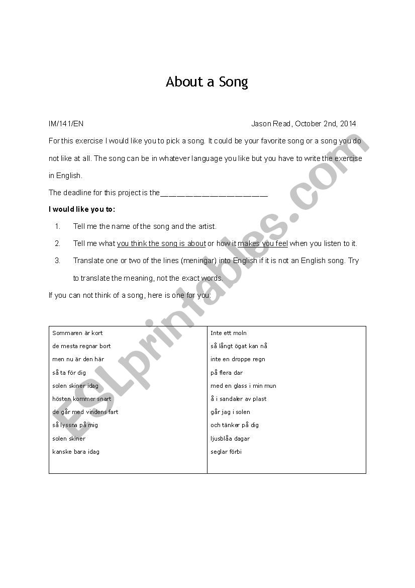 About a Song worksheet
