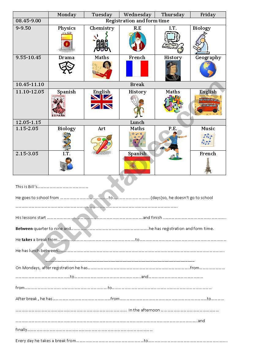 Bills timetable worksheet