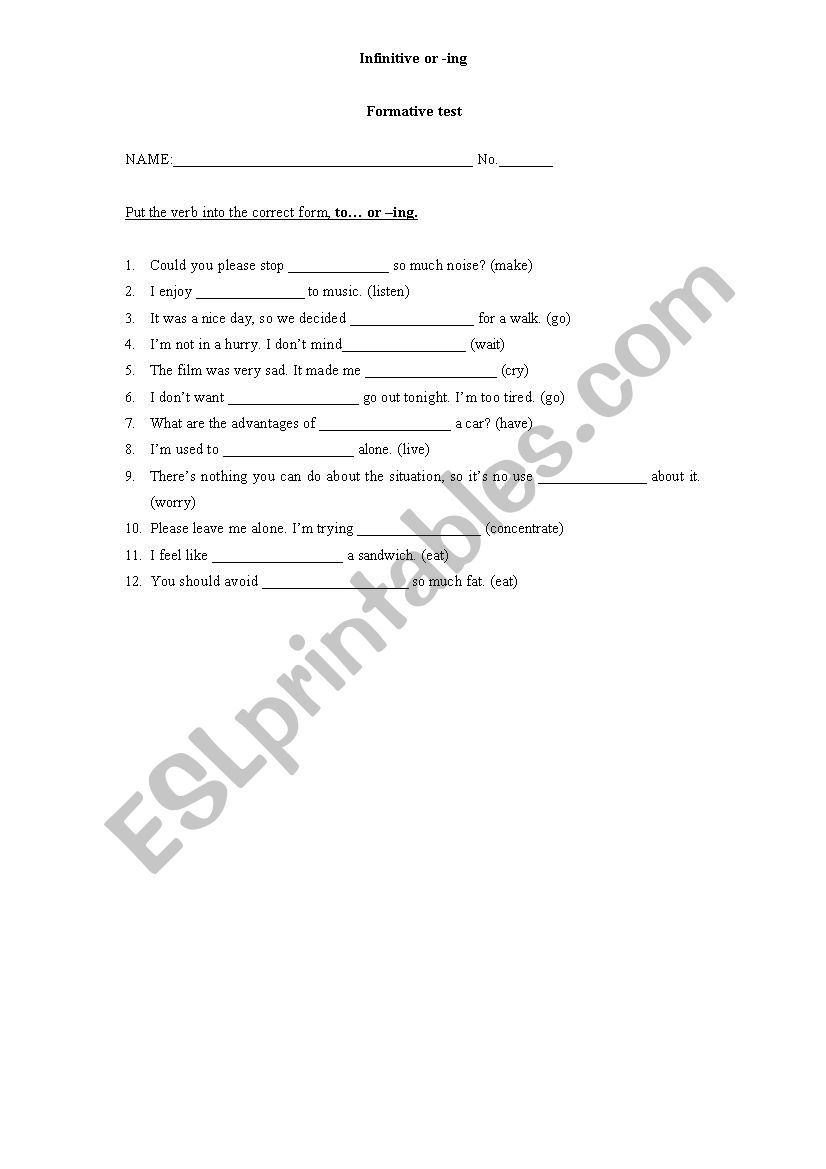 Infinitive or -ing worksheet