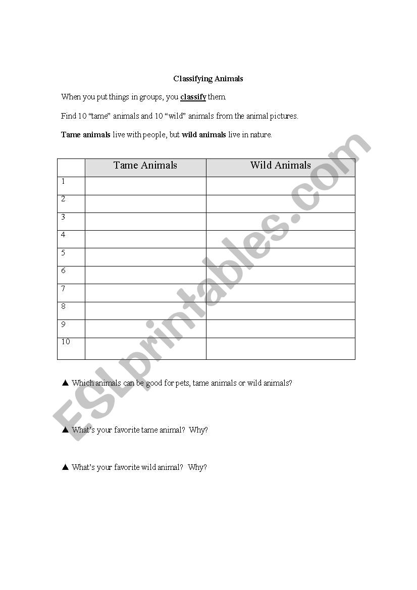 Classifying Animals worksheet