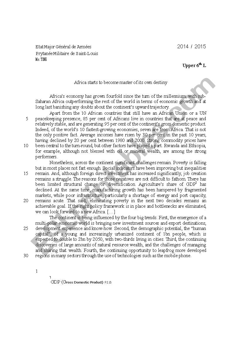 Africa master of  its destiny worksheet