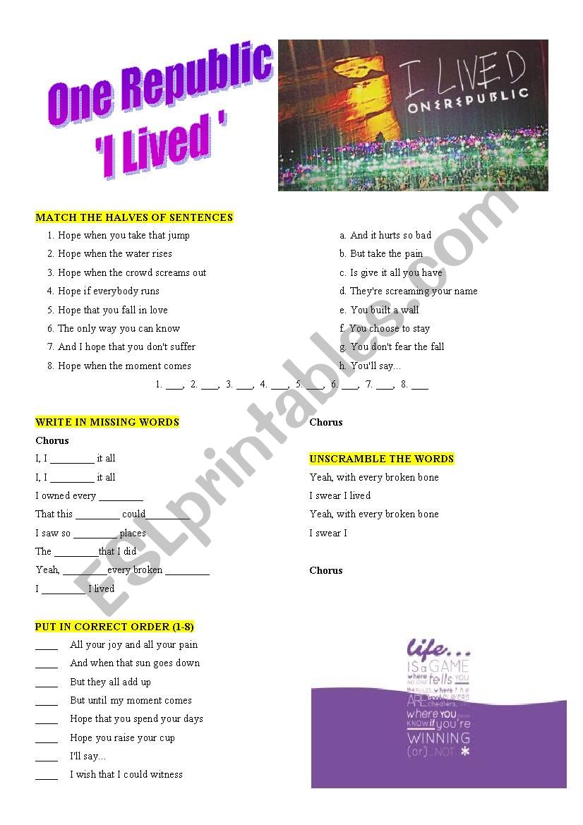 oNE rEPUBLIC  I LIVED;  worksheet