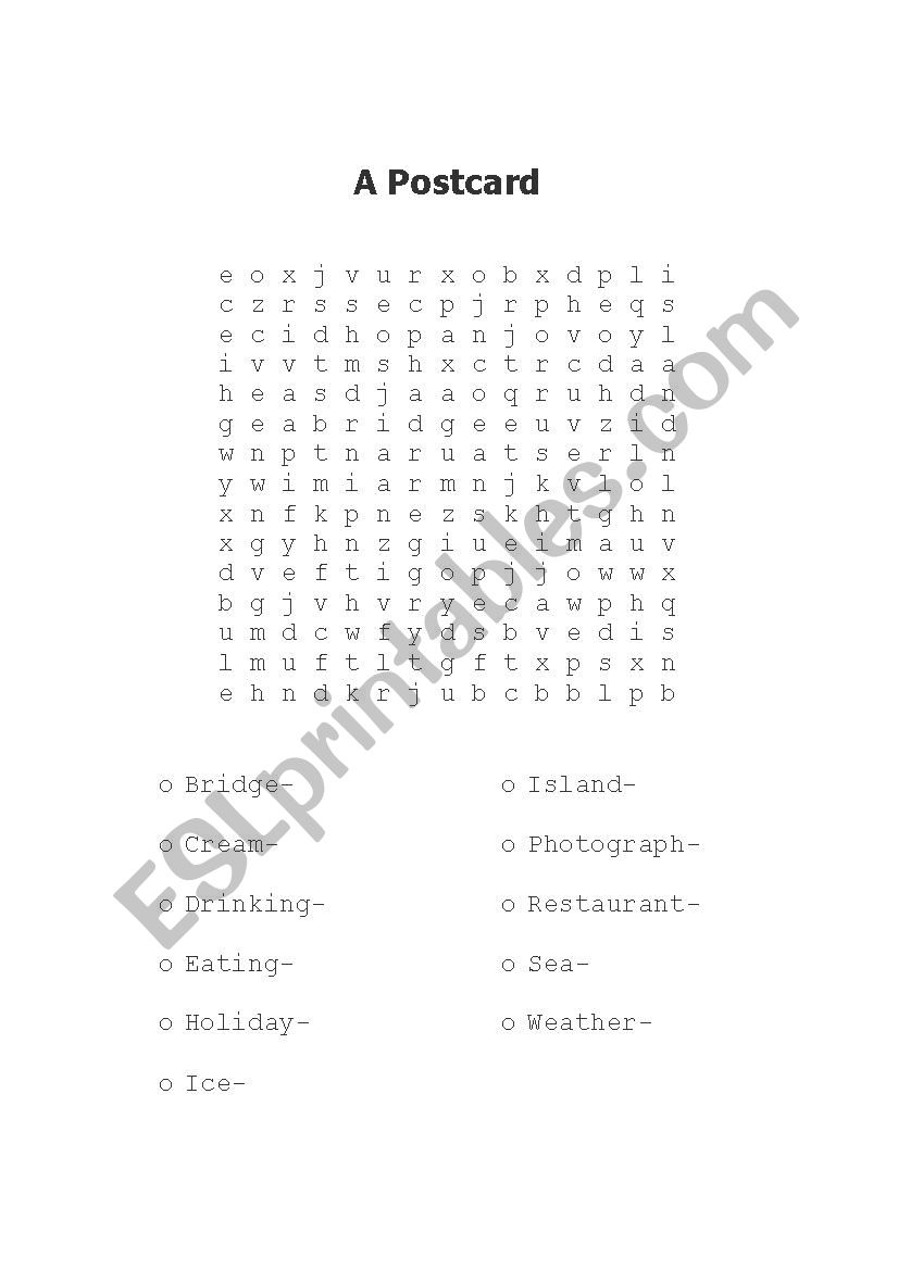 Wordsearch - A Postcard worksheet