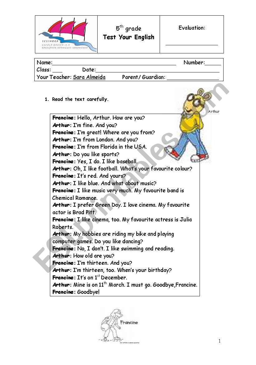 5th grade test likes and dislikes, sports