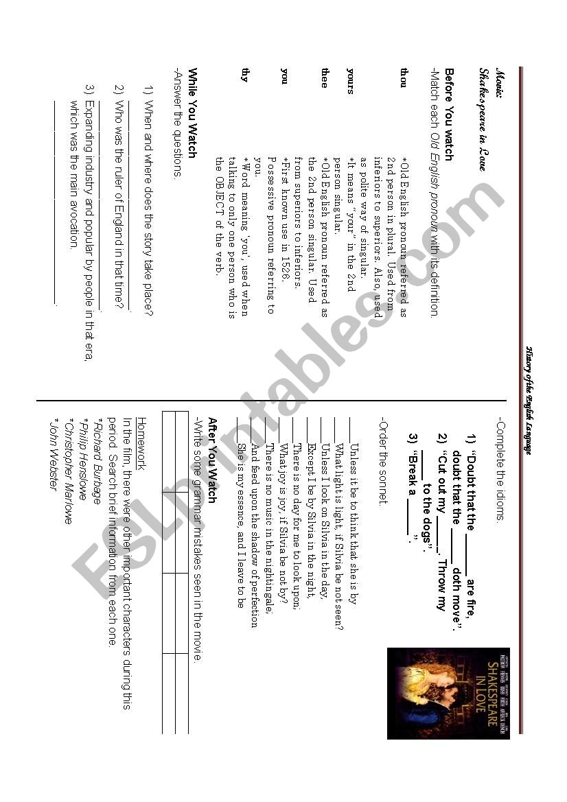 Movie-Shakespeare in Love worksheet