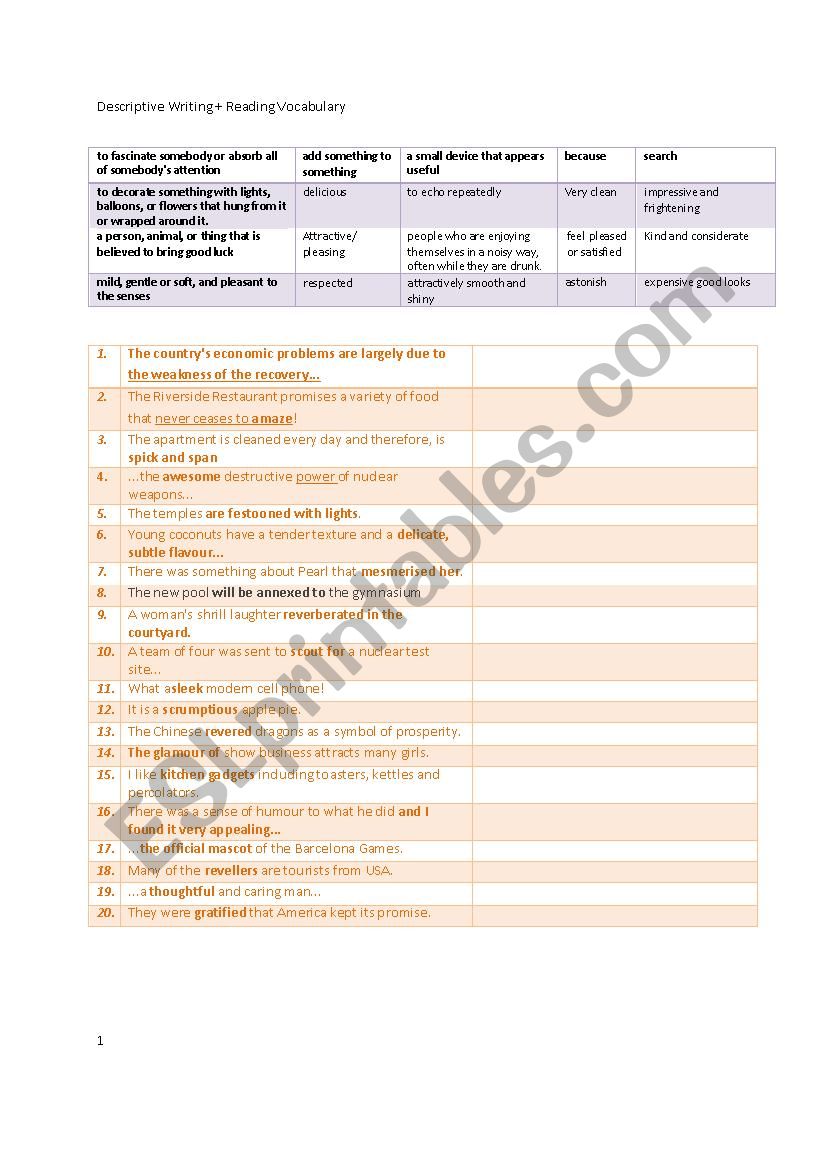 Descriptive words worksheet