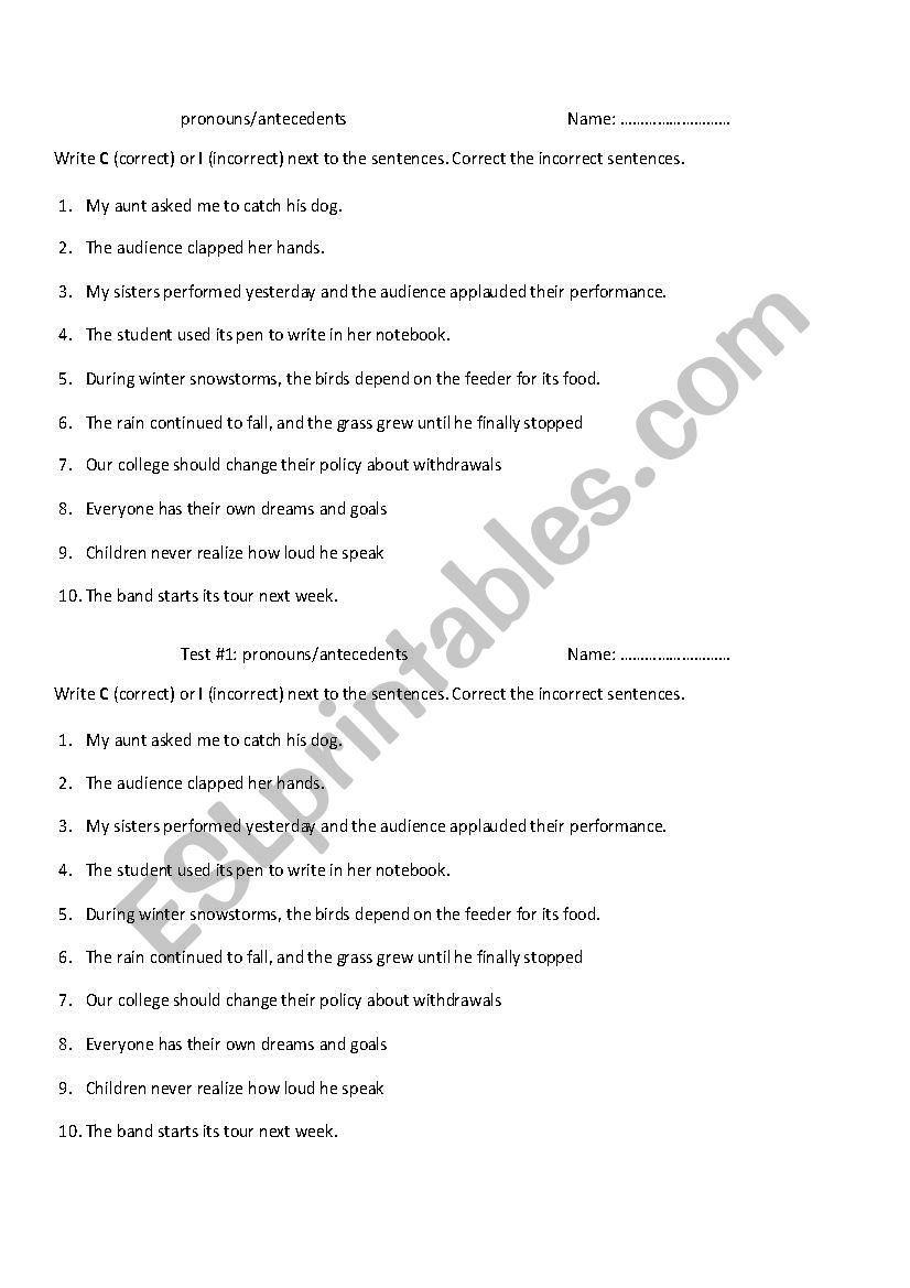 pronouns antecedents worksheet