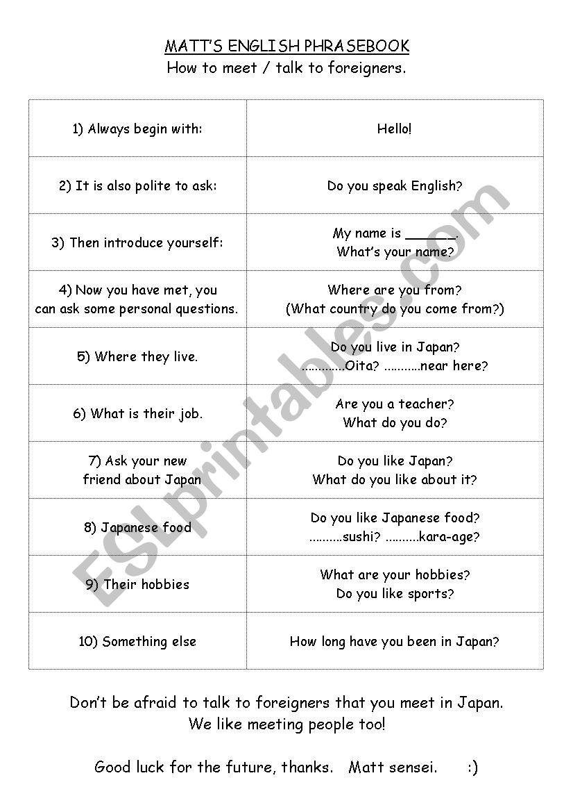 Matt´s Phrasebook Talking to foreigners ESL worksheet by Mattsui
