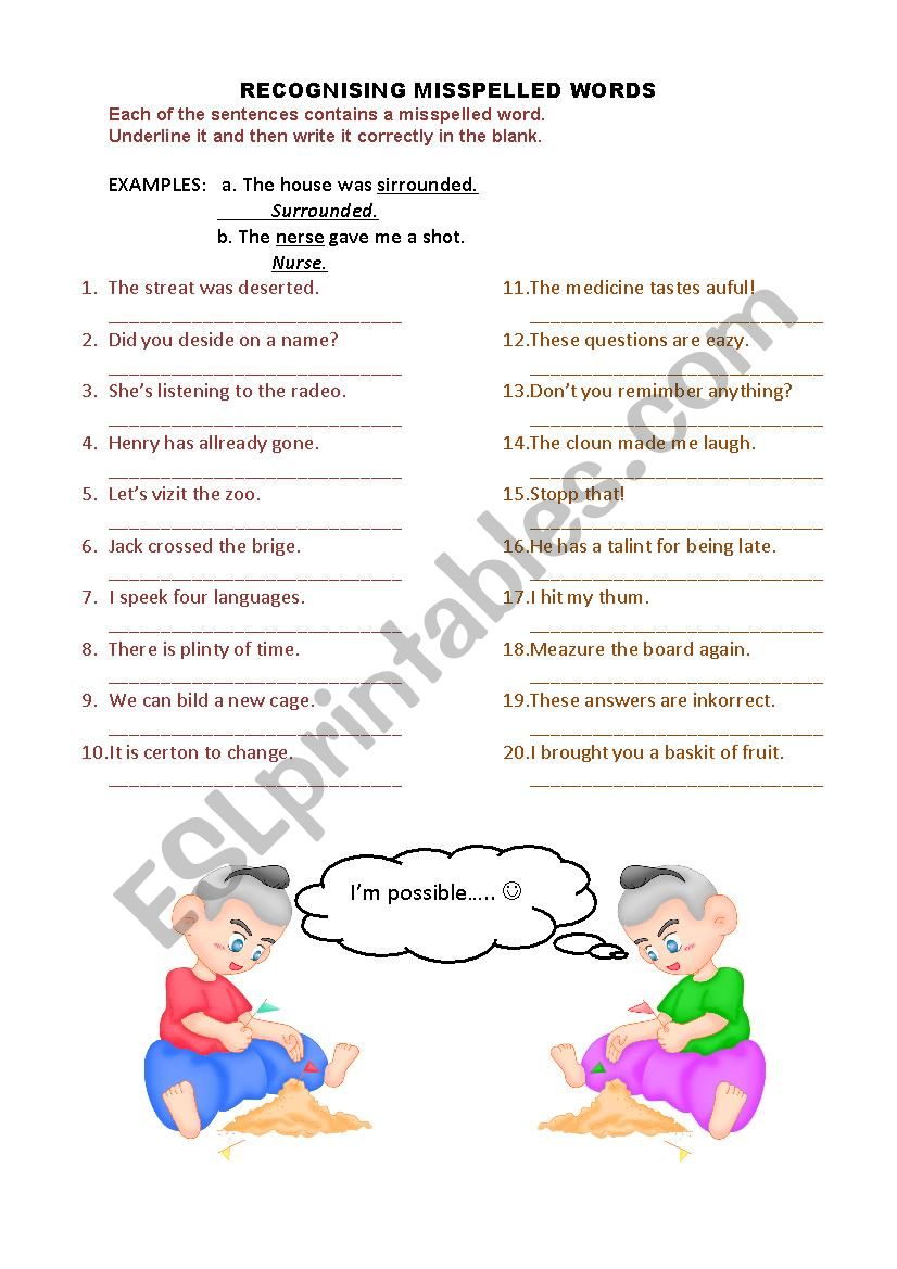 Recognising Misspelled words worksheet