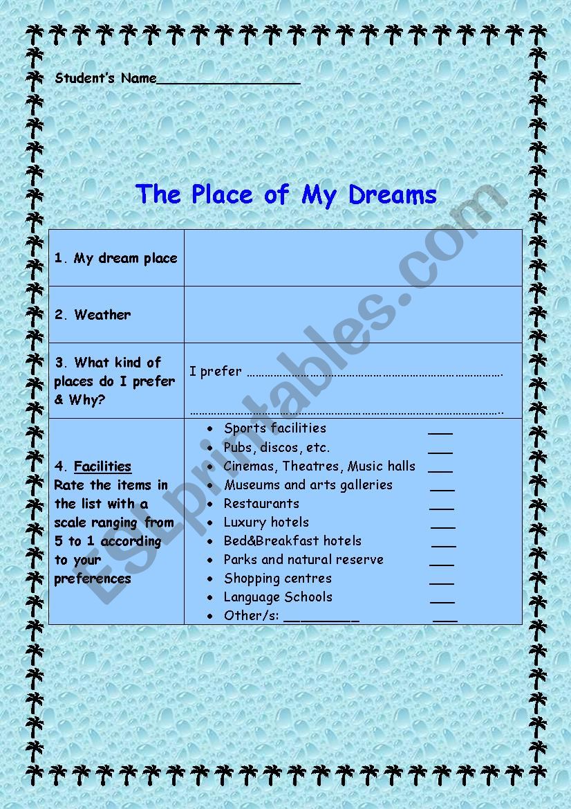 The place of my dreams worksheet