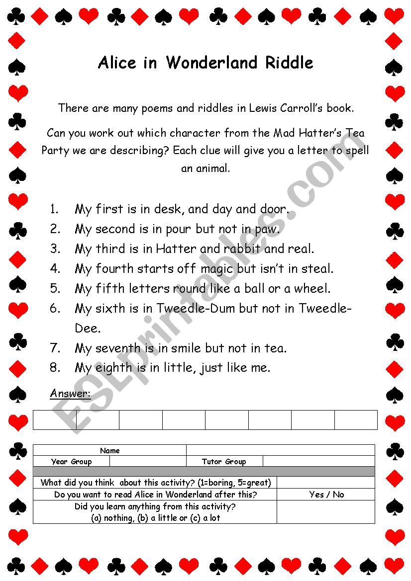 Alice in Wonderland Riddle worksheet