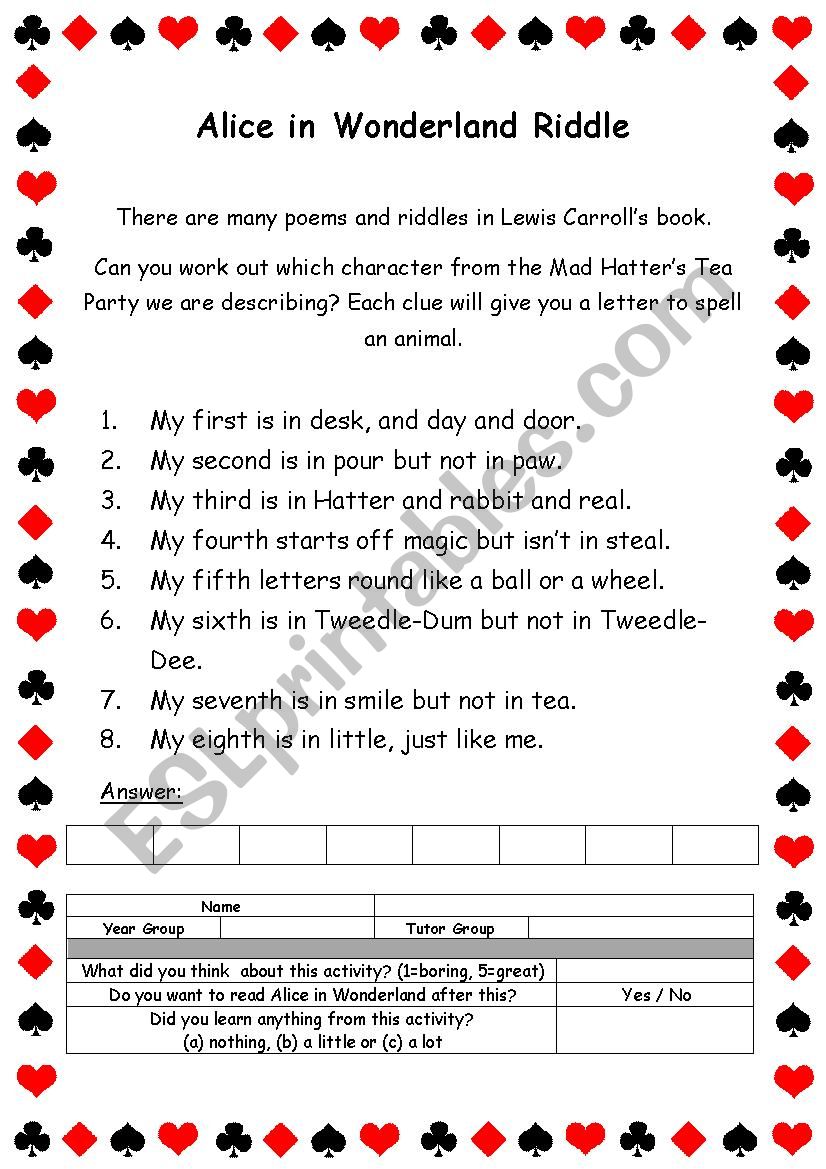 Alice in Wonderland Riddle worksheet