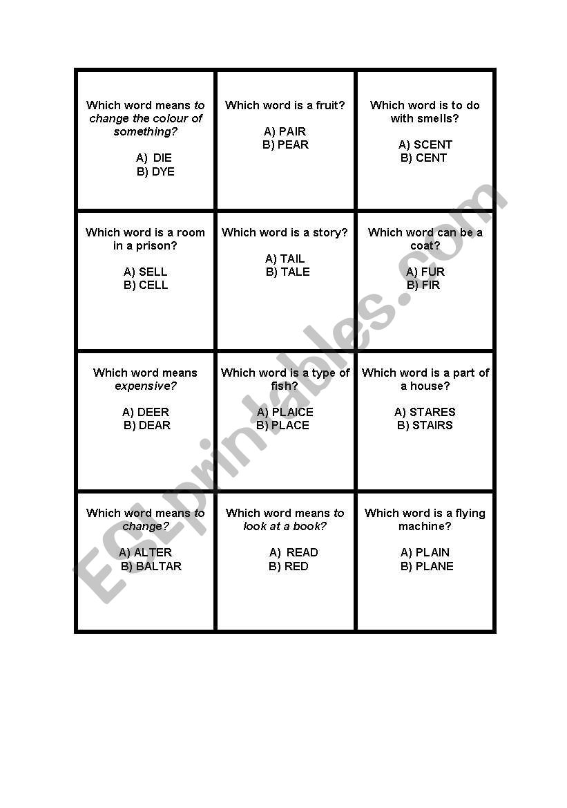 HOMOPHONES GAME (36 CARDS) worksheet