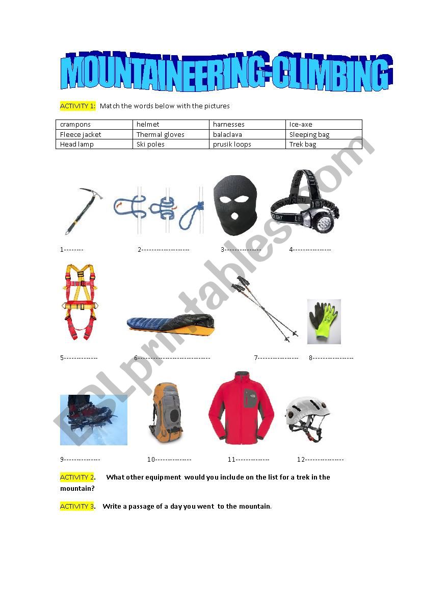 Mountaineering and Climbing worksheet