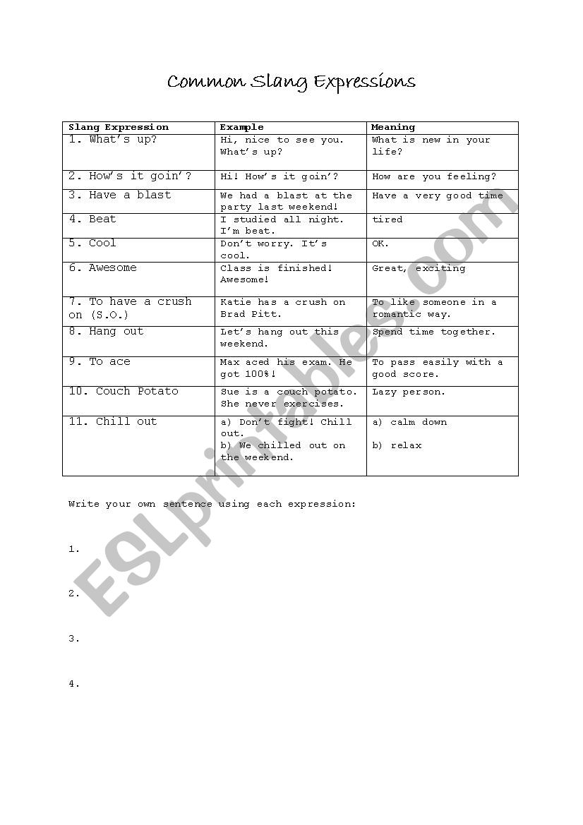 Common Slang Expressions worksheet