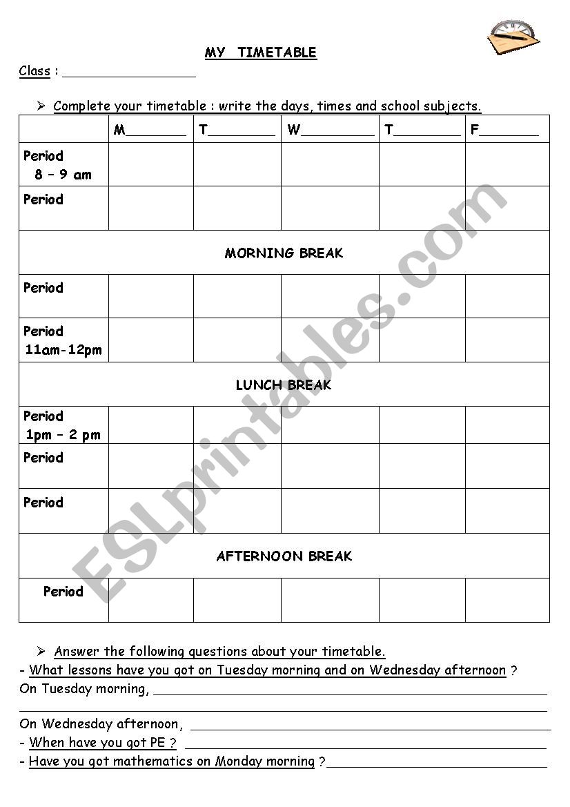 My timetable worksheet