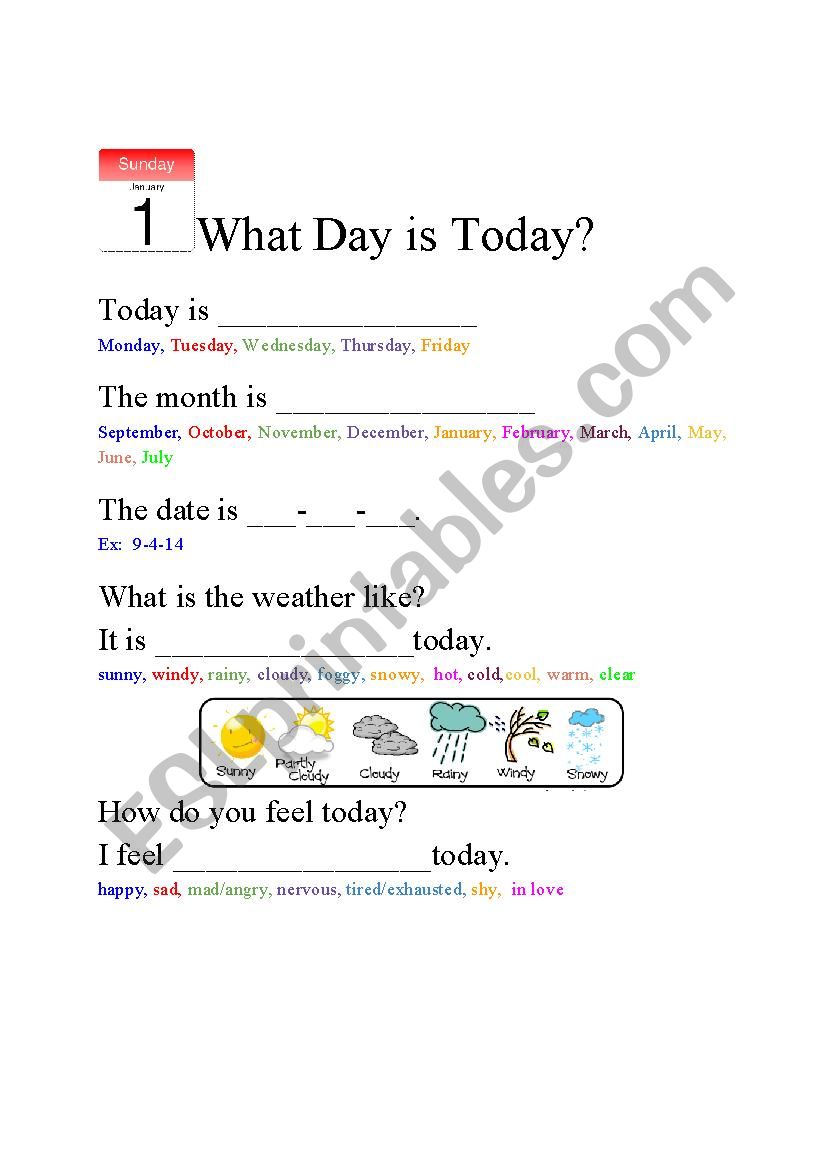 What Day Is Today Esl Worksheet By Dynnelle
