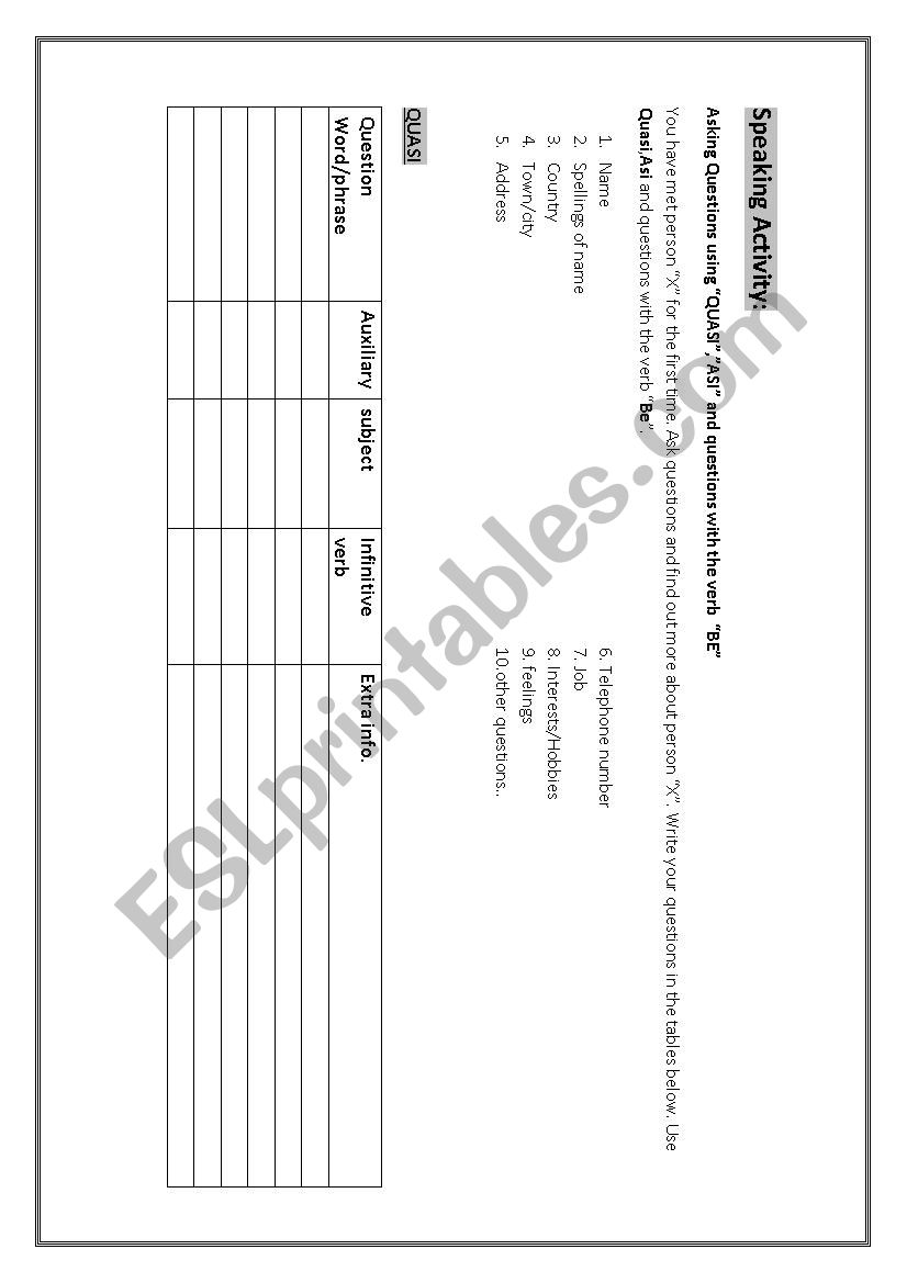 Speaking Practice and word order in questions: QUASI ASI