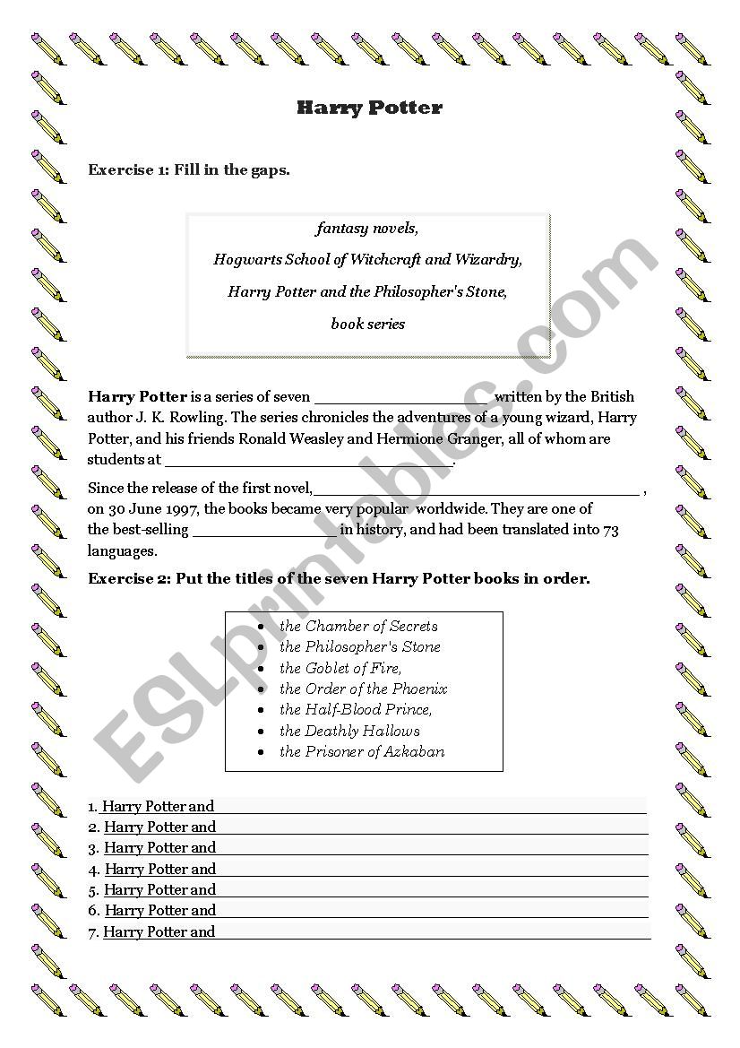 harry potter worksheet
