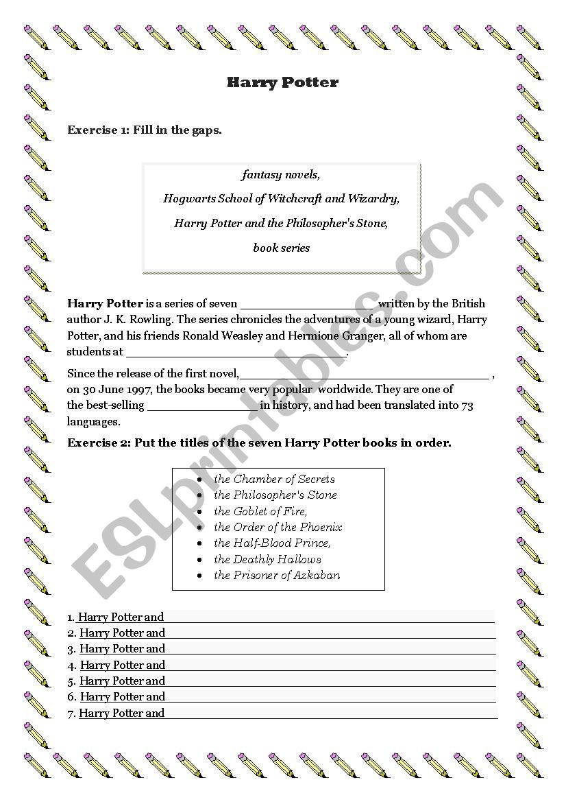 harry potter worksheet