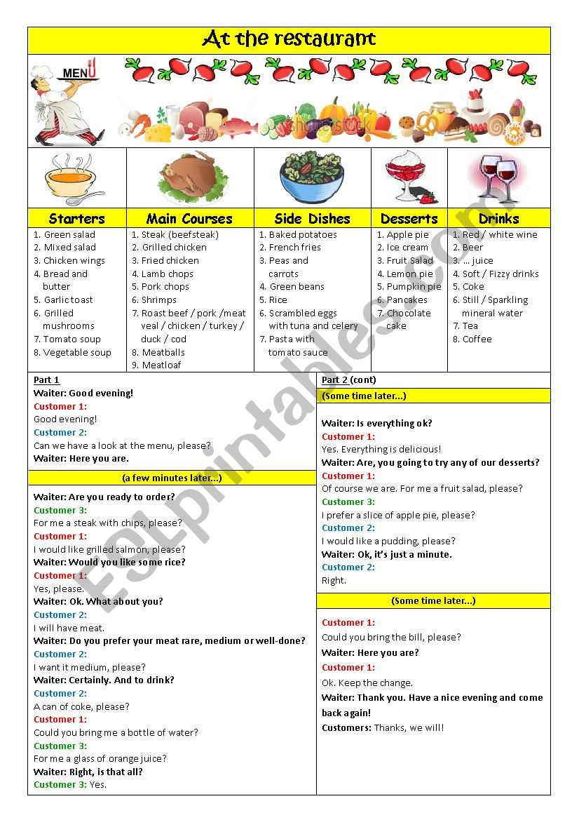 Menu + At the restaurant worksheet