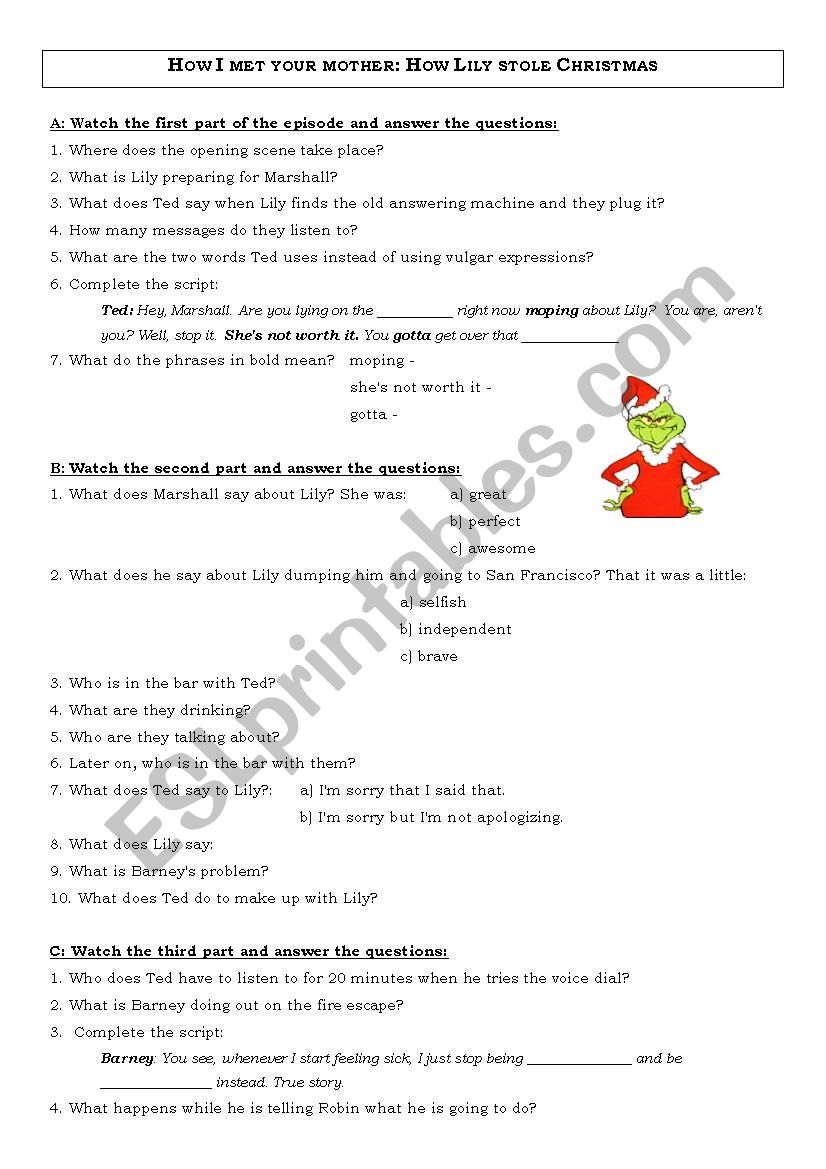 How Lily stole Christmas worksheet