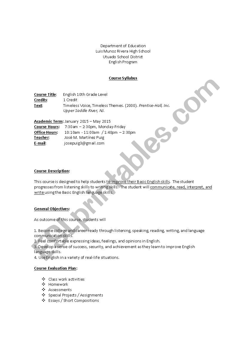 syllabus 10th grade worksheet
