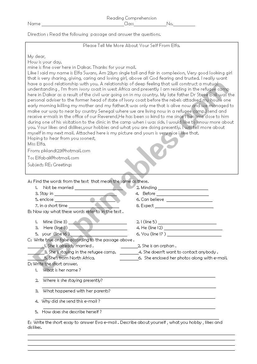 reading Comprehension worksheet