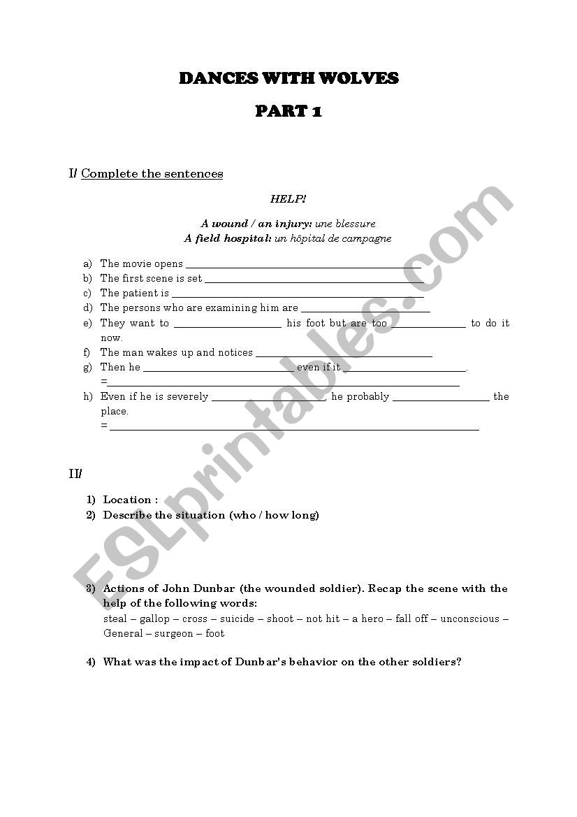 Dancing with wolves worksheet