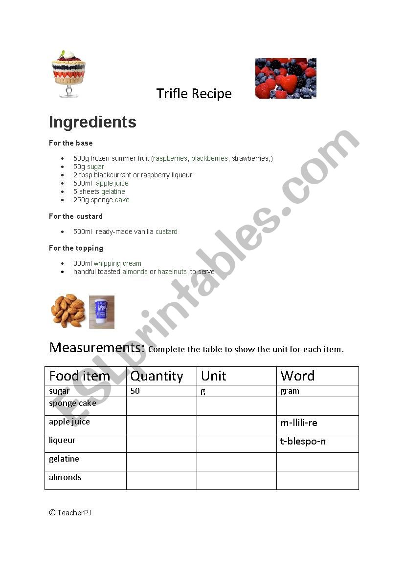 Measuring food worksheet