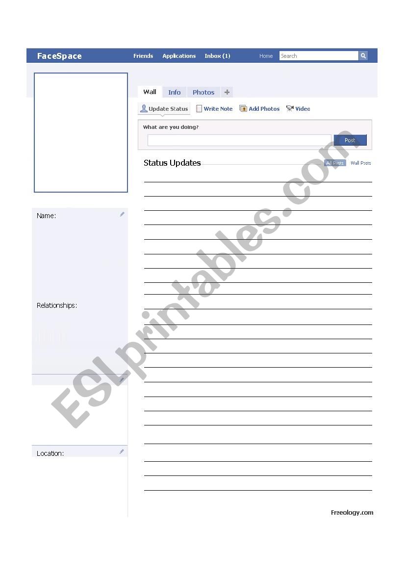 FaceBook Character Profile worksheet