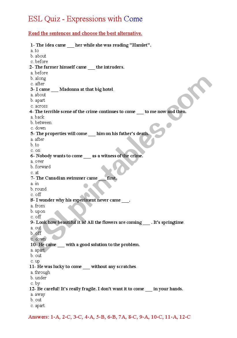 esl quiz with come worksheet