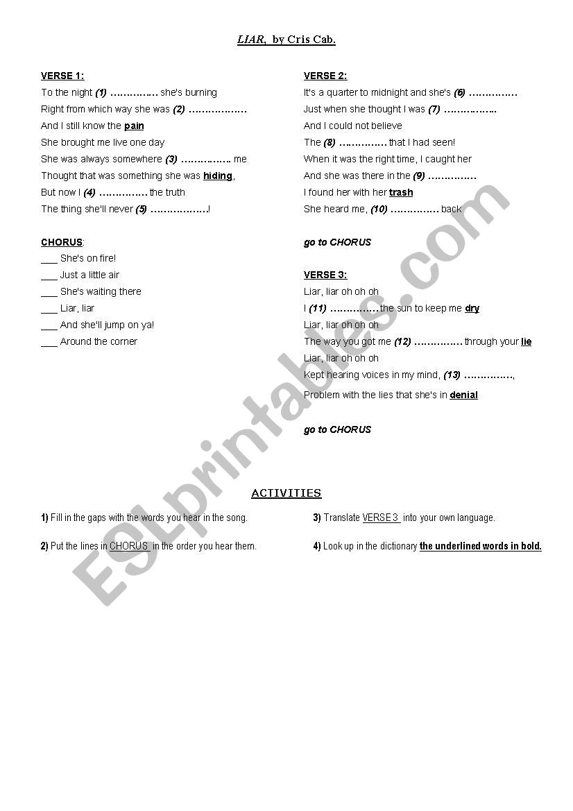 SONG LIAR by Cris Cab worksheet