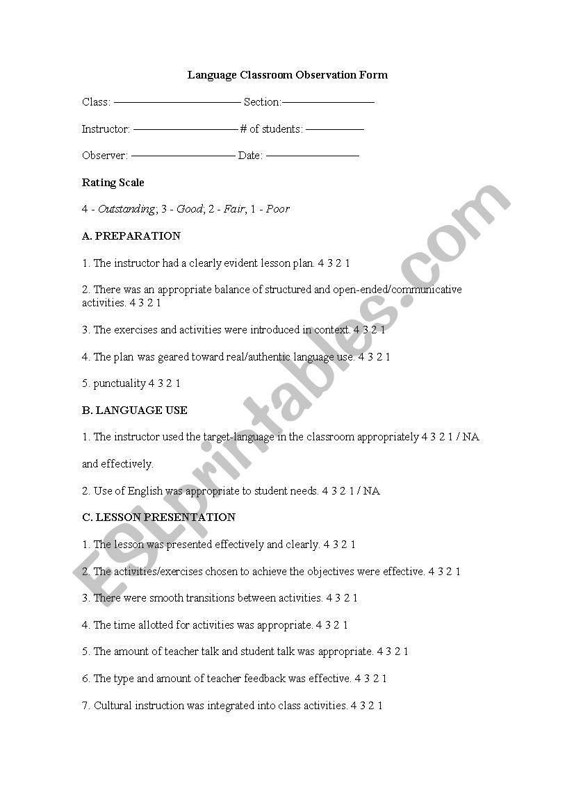 CLASS OBSERVATION worksheet