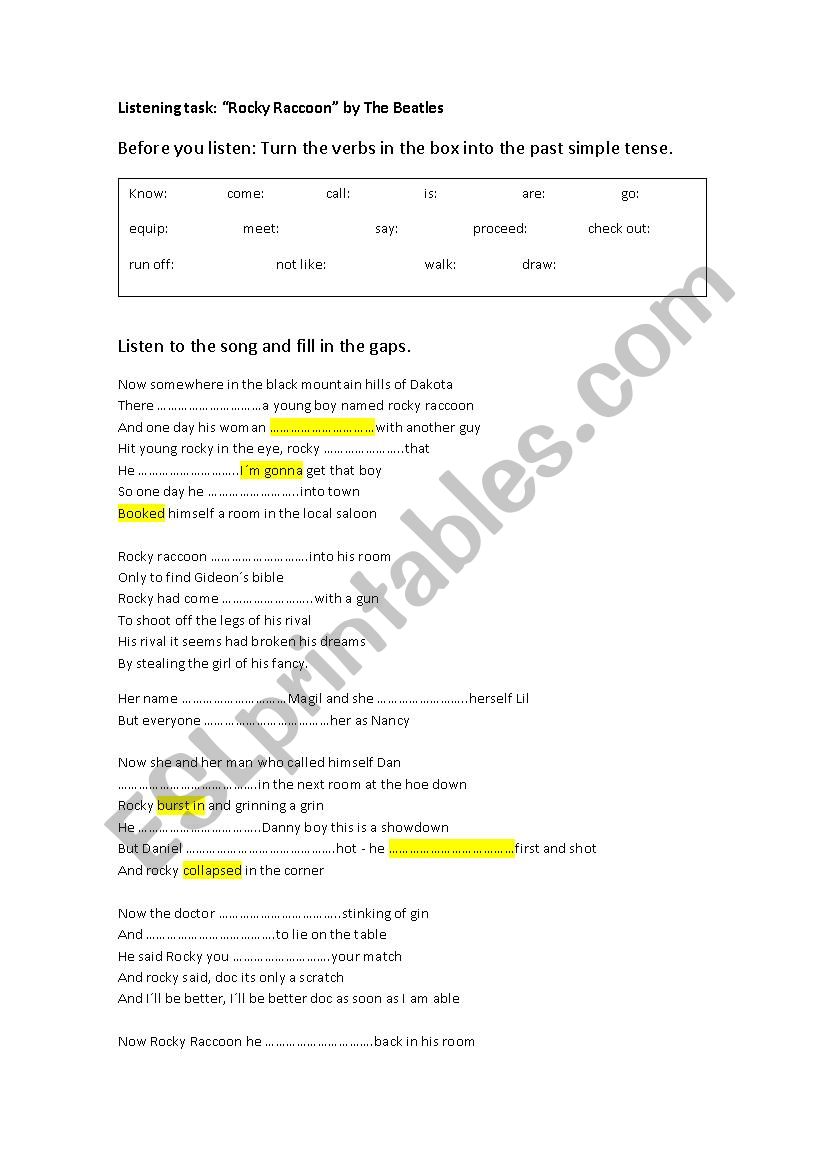 THE Beatles _ rocky raccoon worksheet 